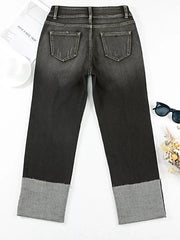 High Waist Distressed Straight Leg Jeans -
