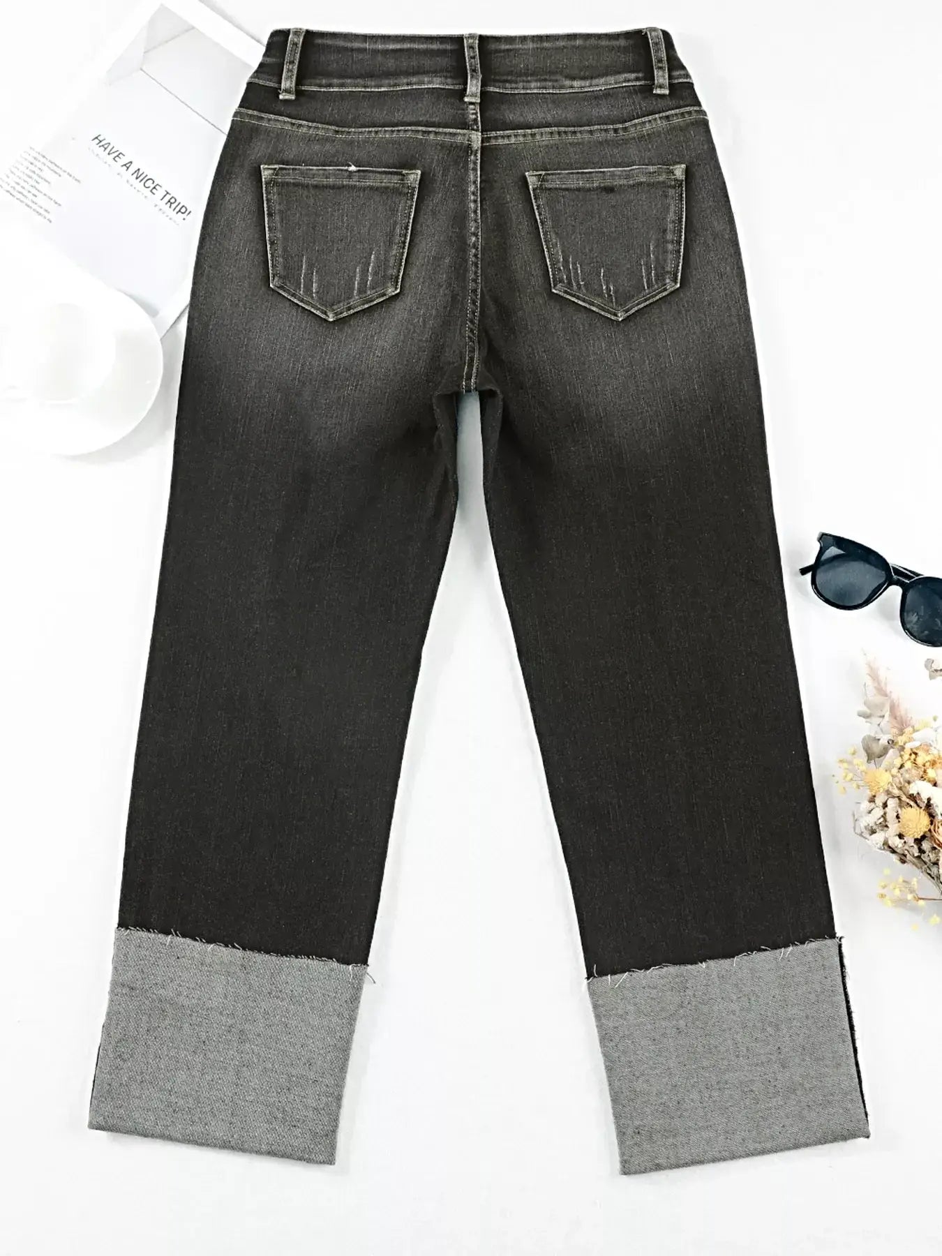 High Waist Distressed Straight Leg Jeans -