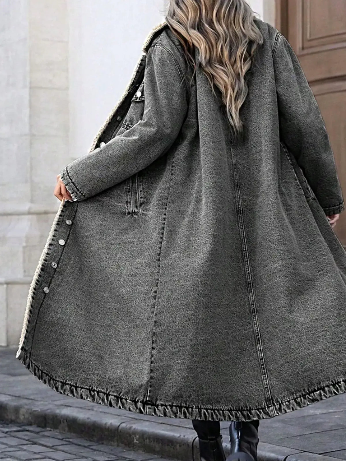Sherpa Lined Longline Denim Jacket -