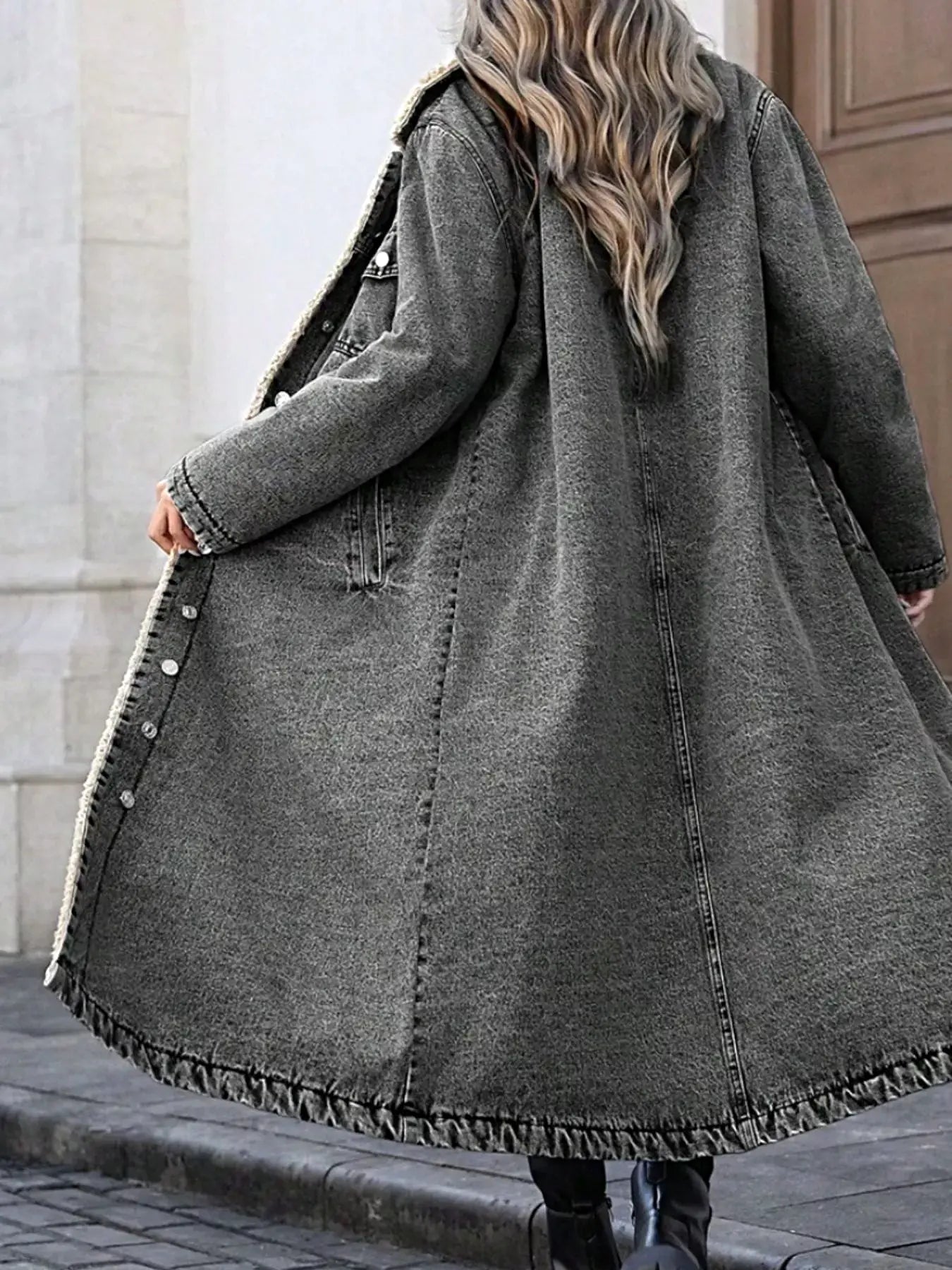 Sherpa Lined Longline Denim Jacket -