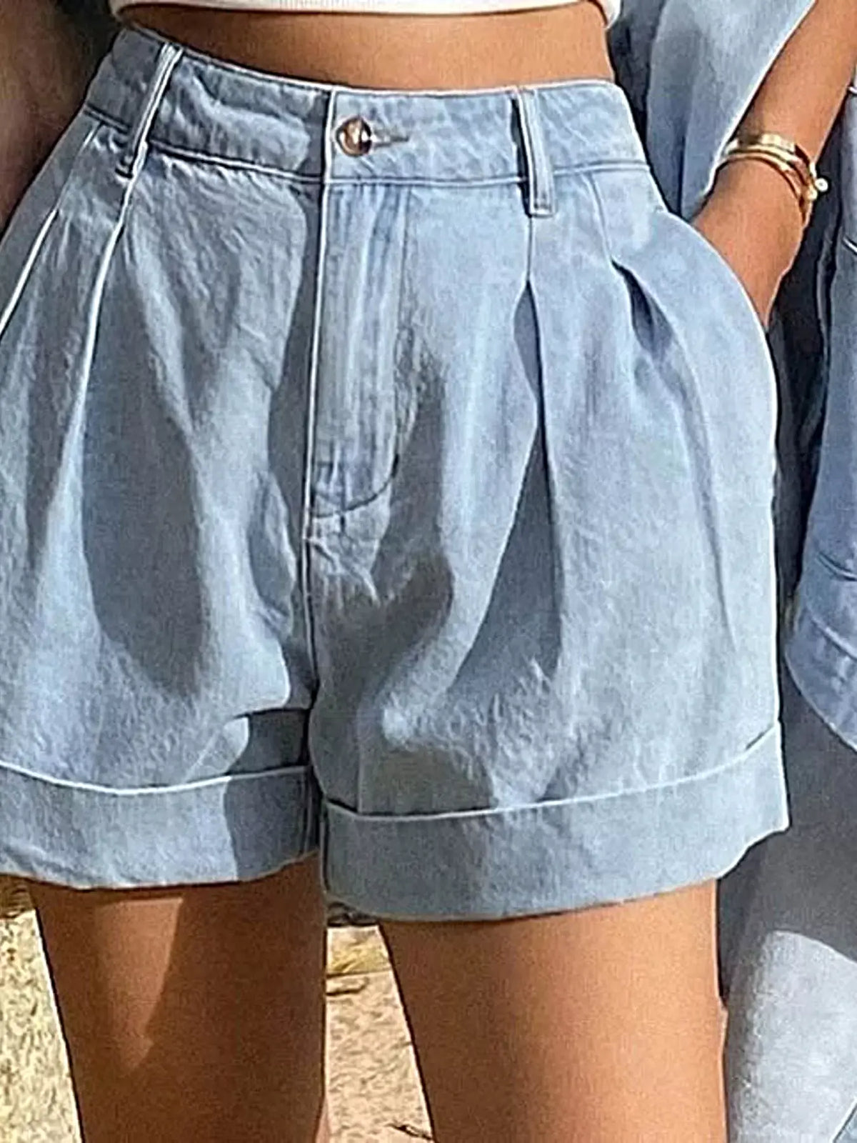 Button Up Long Sleeve Shirt and Shorts Denim Set -