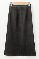 Button Fly Side Split Denim Midi Skirt -