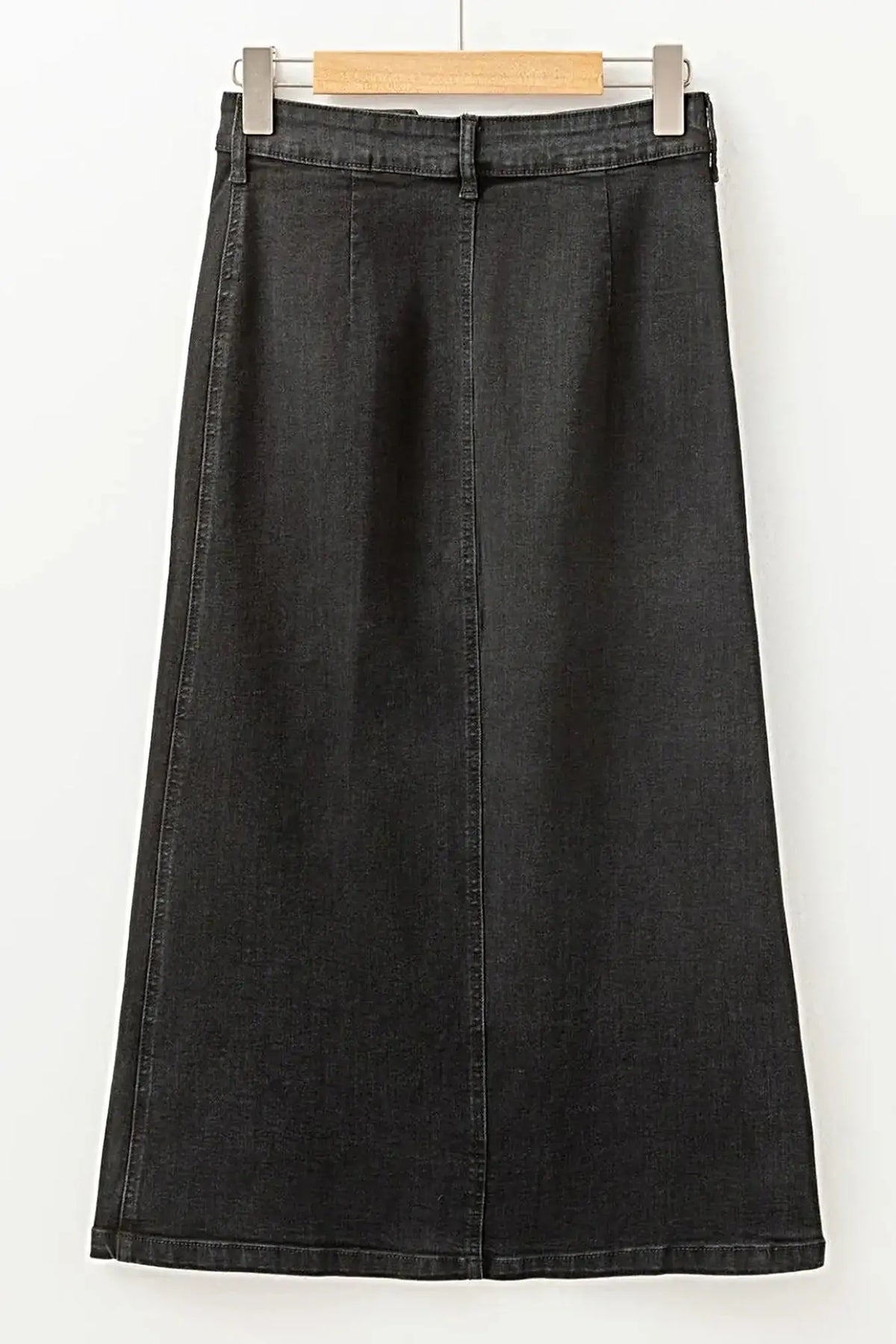 Button Fly Side Split Denim Midi Skirt -