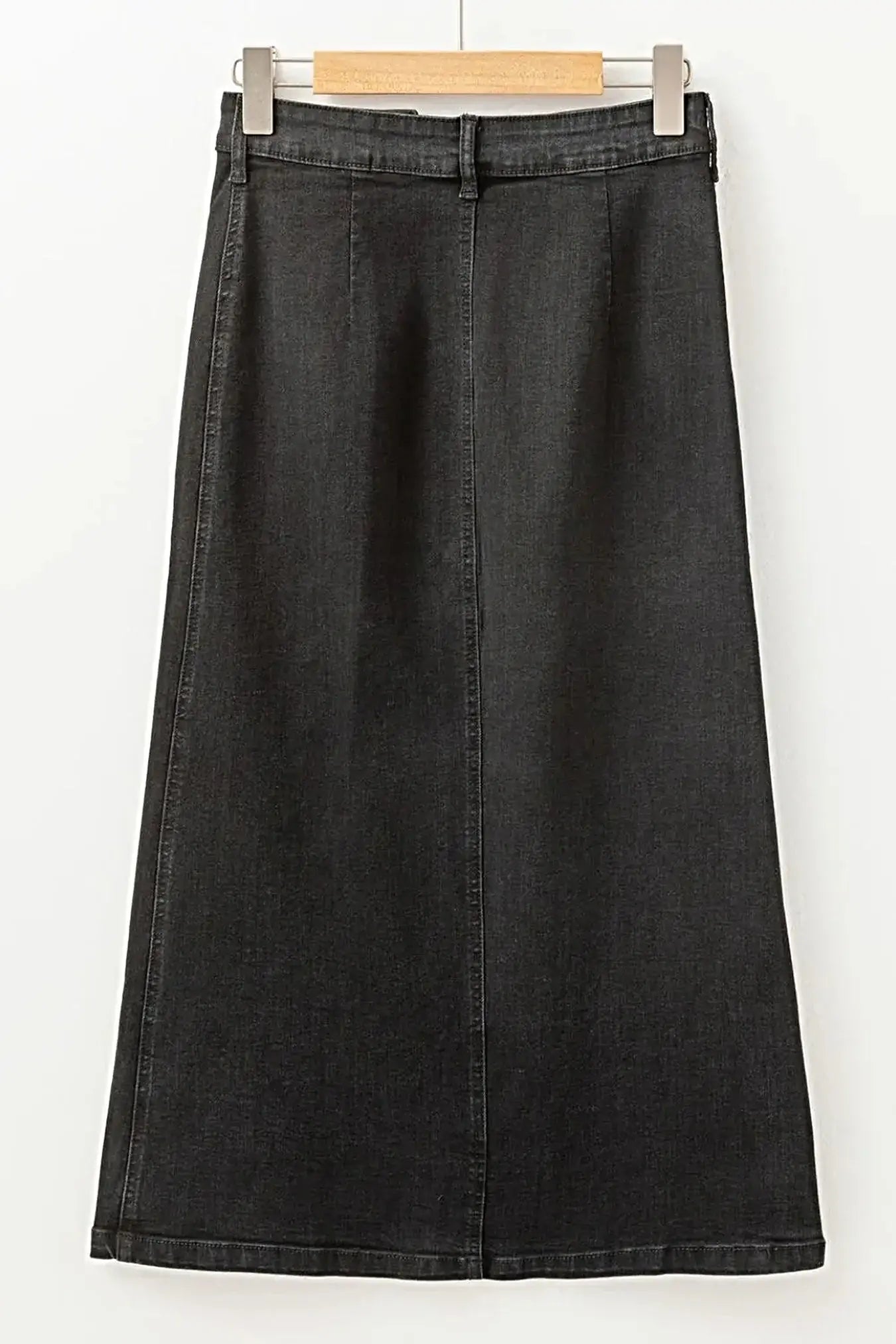 Button Fly Side Split Denim Midi Skirt -