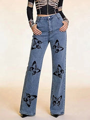 Butterfly Print High-Waisted Wide Leg Jeans -