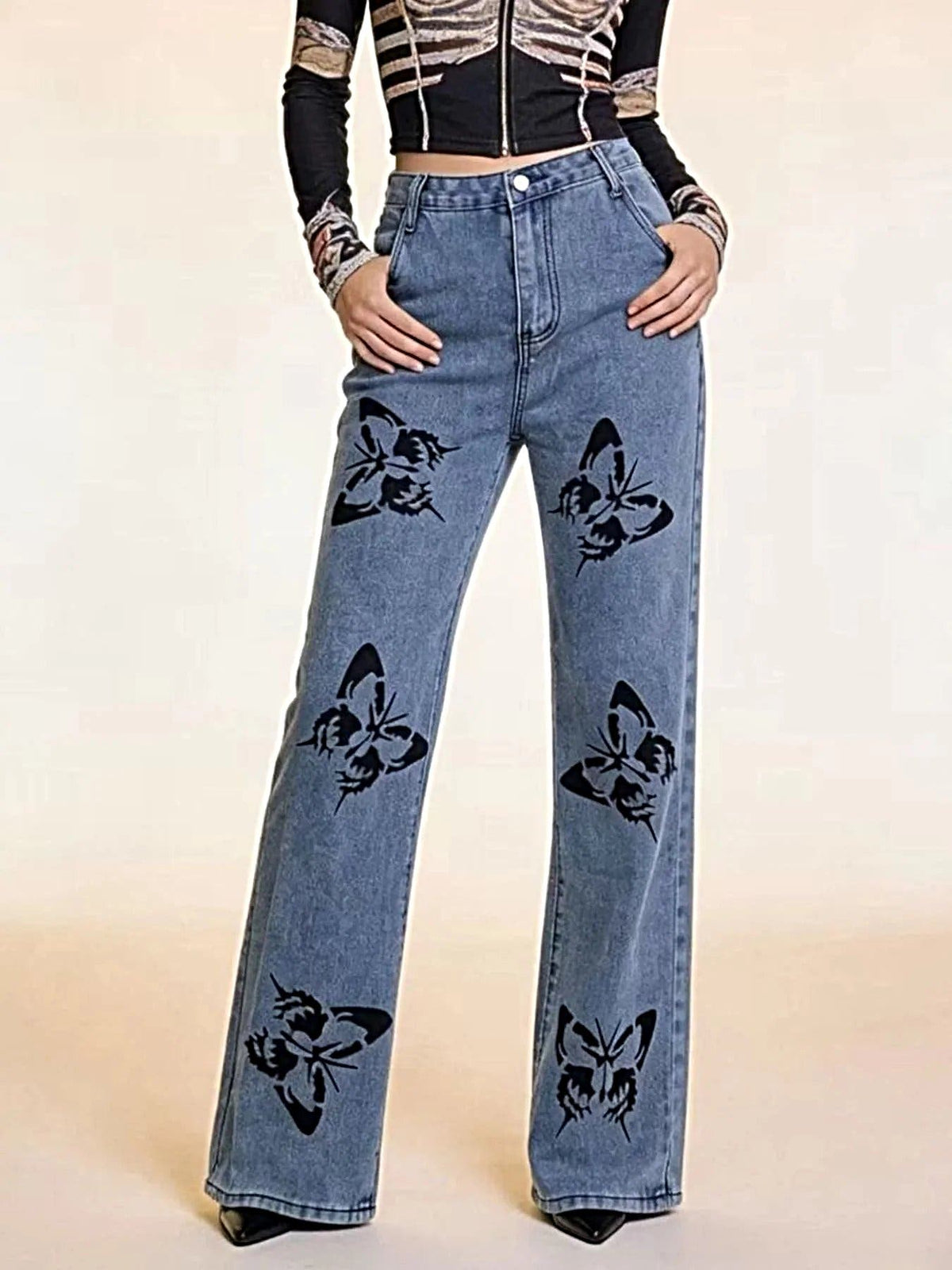 Butterfly Print High-Waisted Wide Leg Jeans -