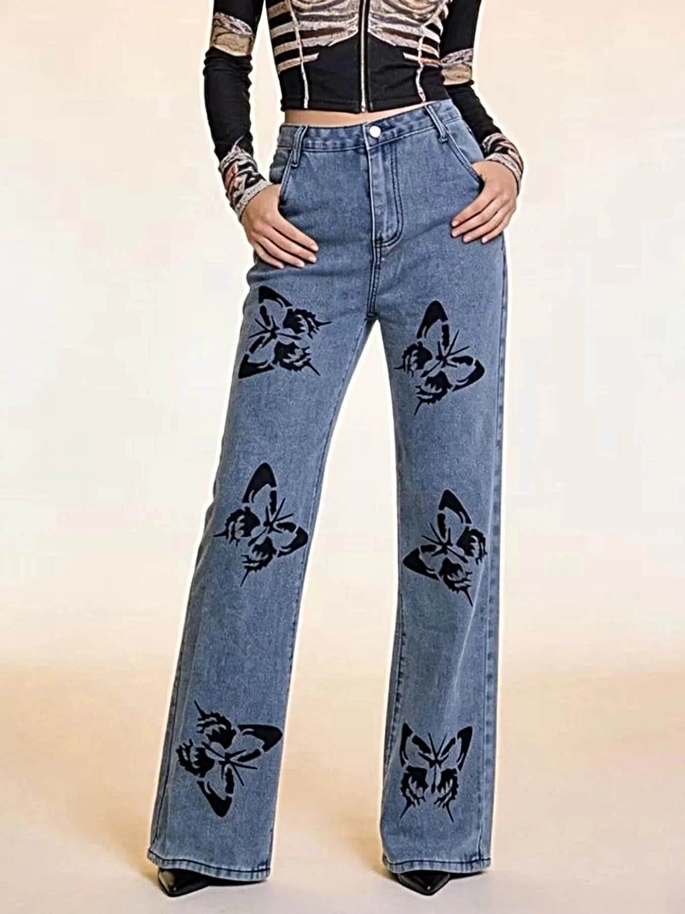 Butterfly Print High-Waisted Wide Leg Jeans -