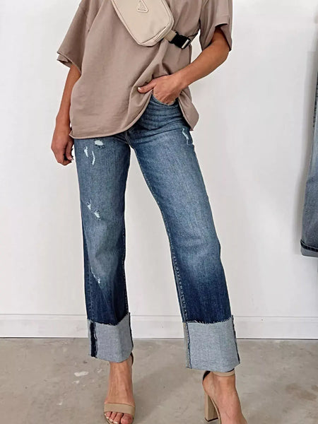 High Waist Distressed Straight Leg Jeans -