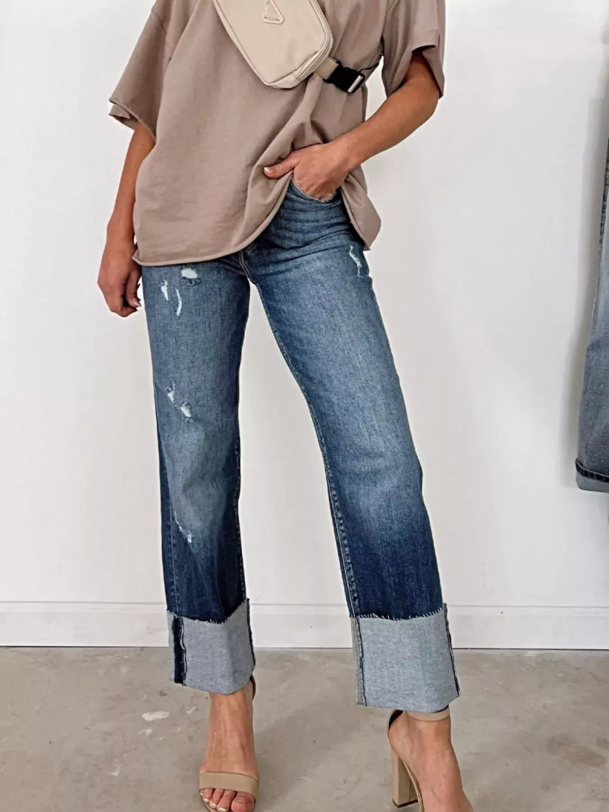 High Waist Distressed Straight Leg Jeans -