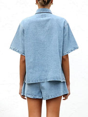 Button Up Short Sleeve Top and Shorts Denim Set -