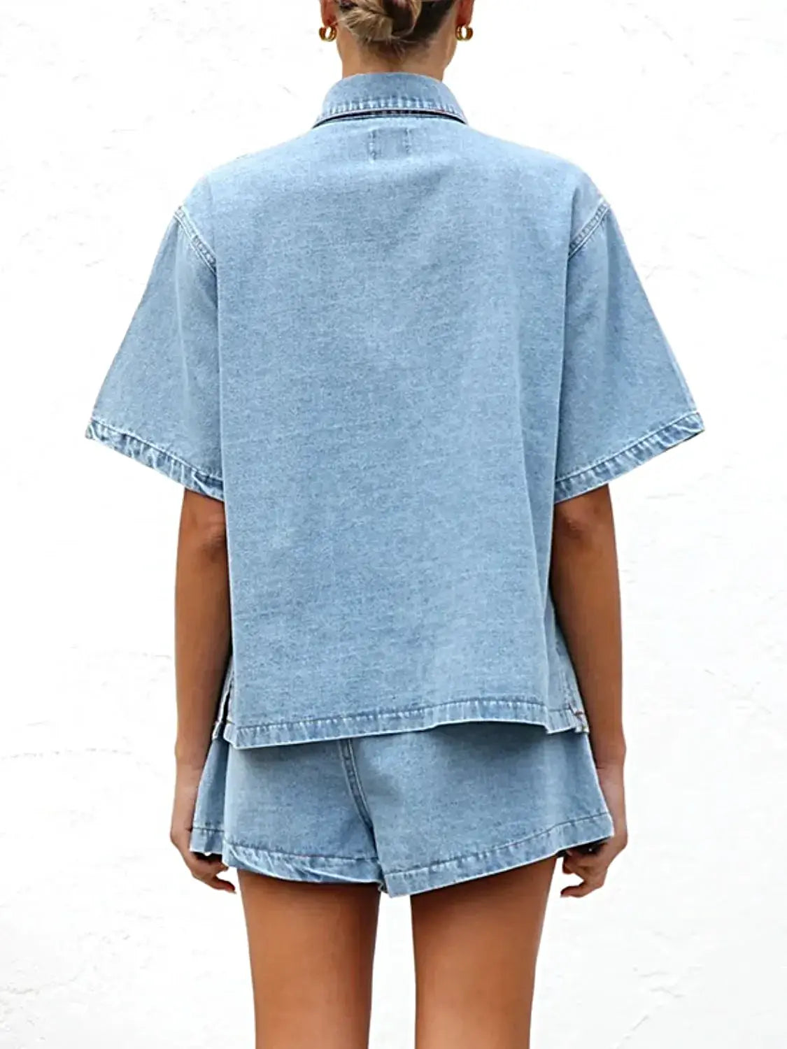 Button Up Short Sleeve Top and Shorts Denim Set -