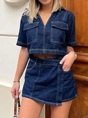 Johnny Collar Short Sleeve Top and Skort Denim Set -