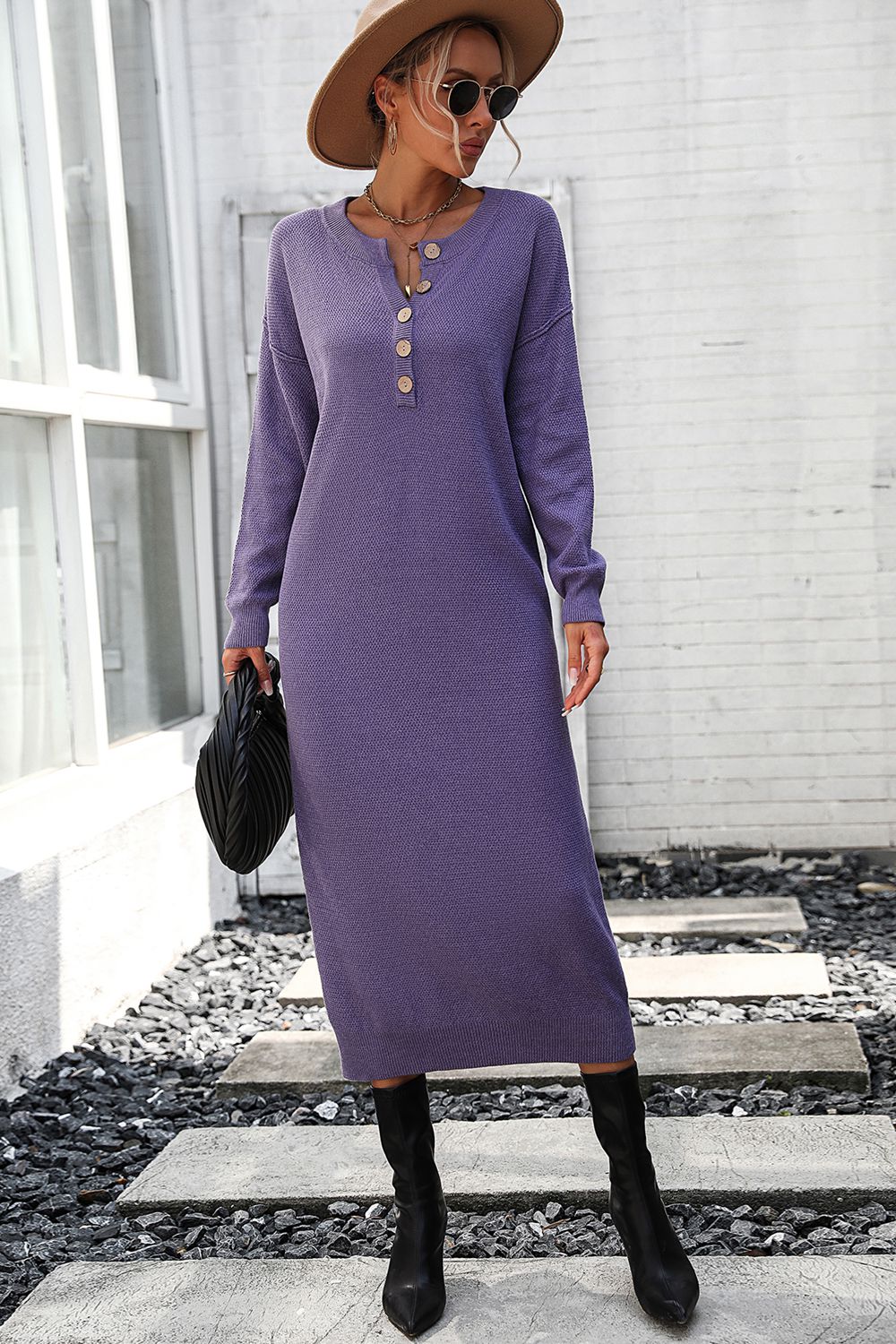 Decorative Button Notched Dropped Shoulder Sweater Dress