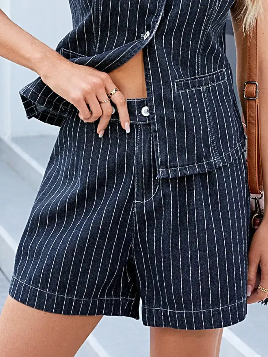 Round Neck Striped Top and Shorts Denim Set -