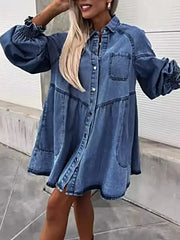 Chic Oversized Long Sleeve Button-Up Denim Dress with Pockets – Perfectly Fashionable -