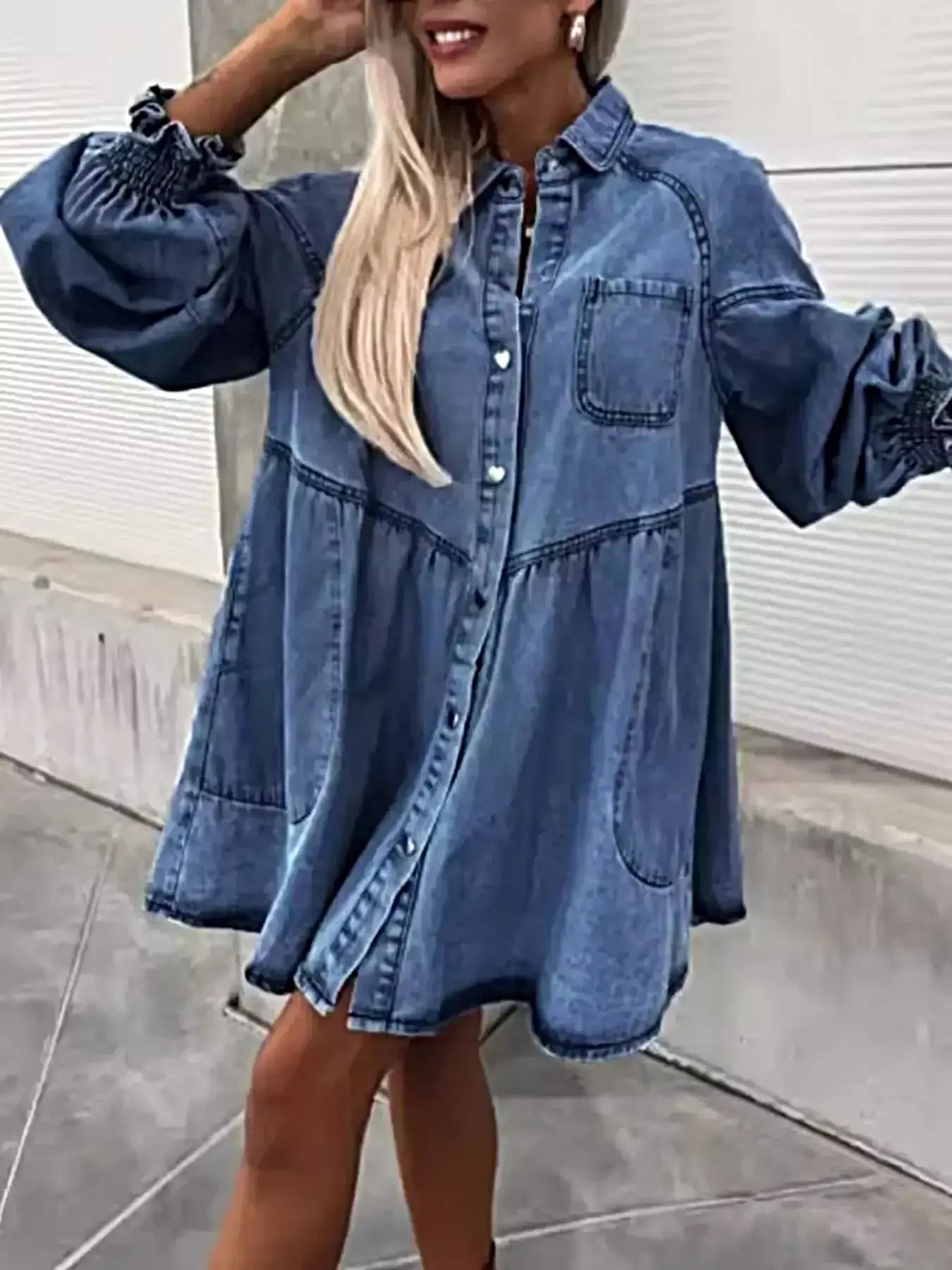 Chic Oversized Long Sleeve Button-Up Denim Dress with Pockets – Perfectly Fashionable -