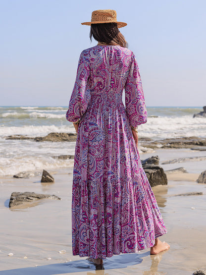 Printed Tie Neck Balloon Sleeve Maxi Dress