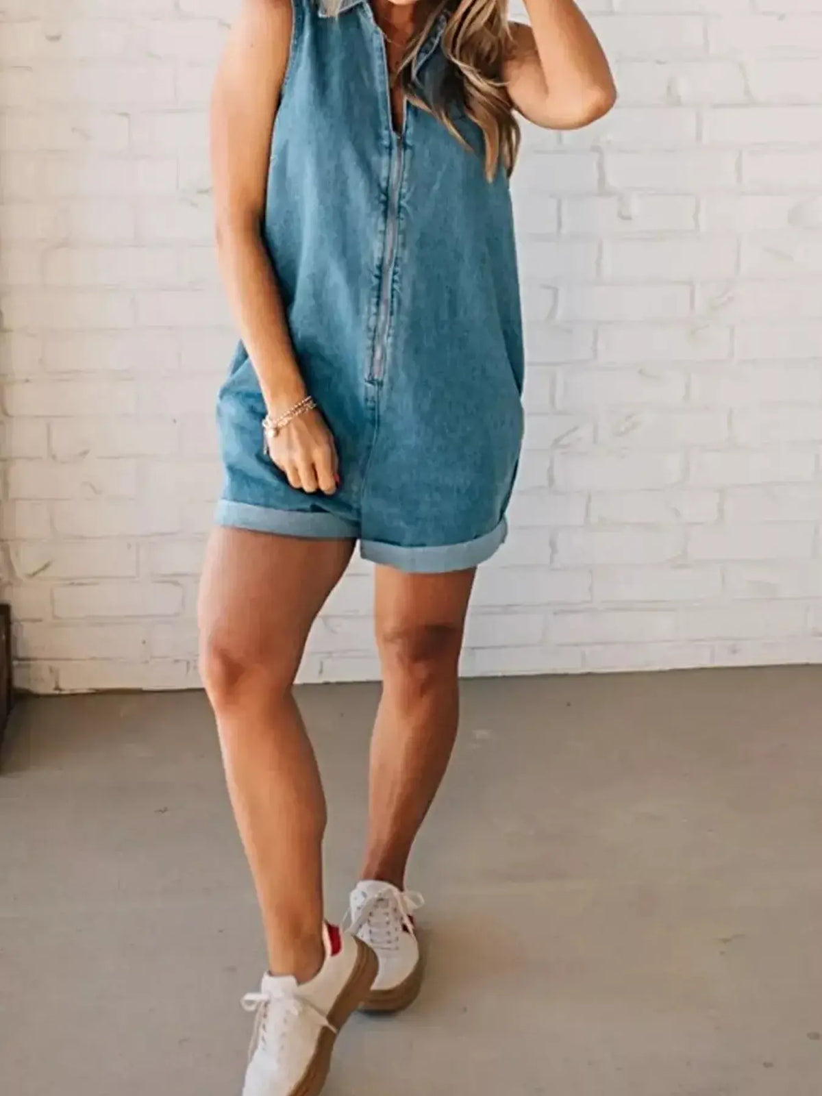 Sleeveless Zip-Up Denim Romper -