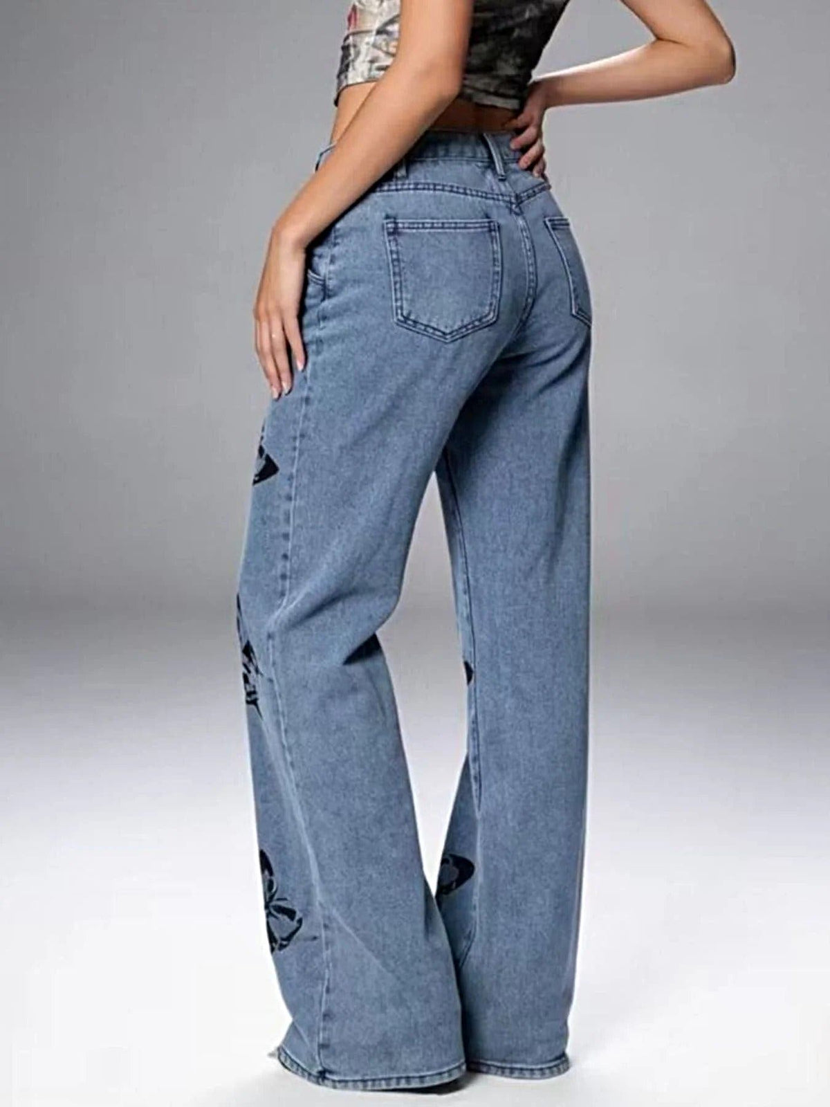 Butterfly Print High-Waisted Wide Leg Jeans -