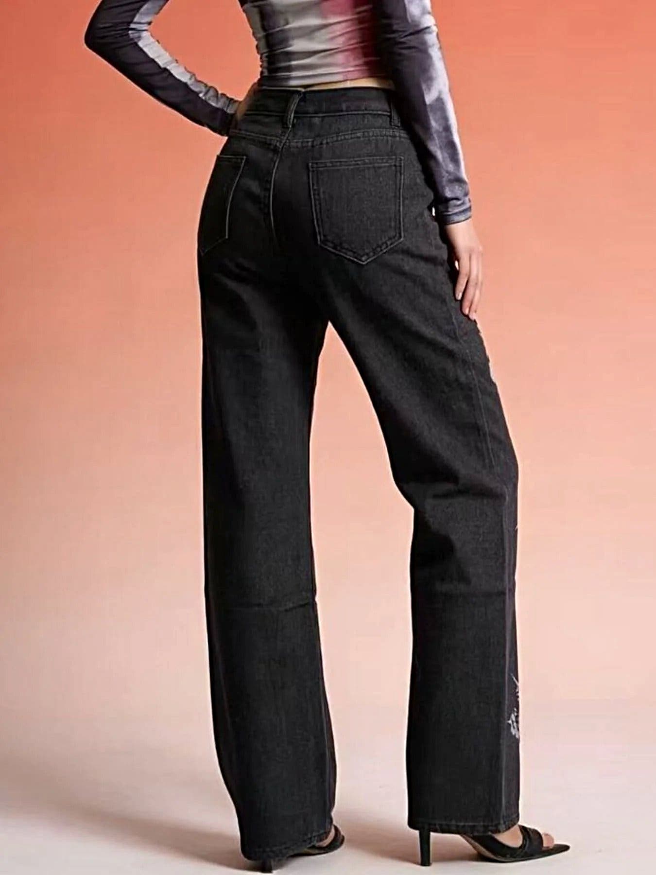 Butterfly Print High-Waisted Wide Leg Jeans -