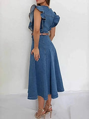 Button-Front Ruffle Sleeve Denim Midi Dress -