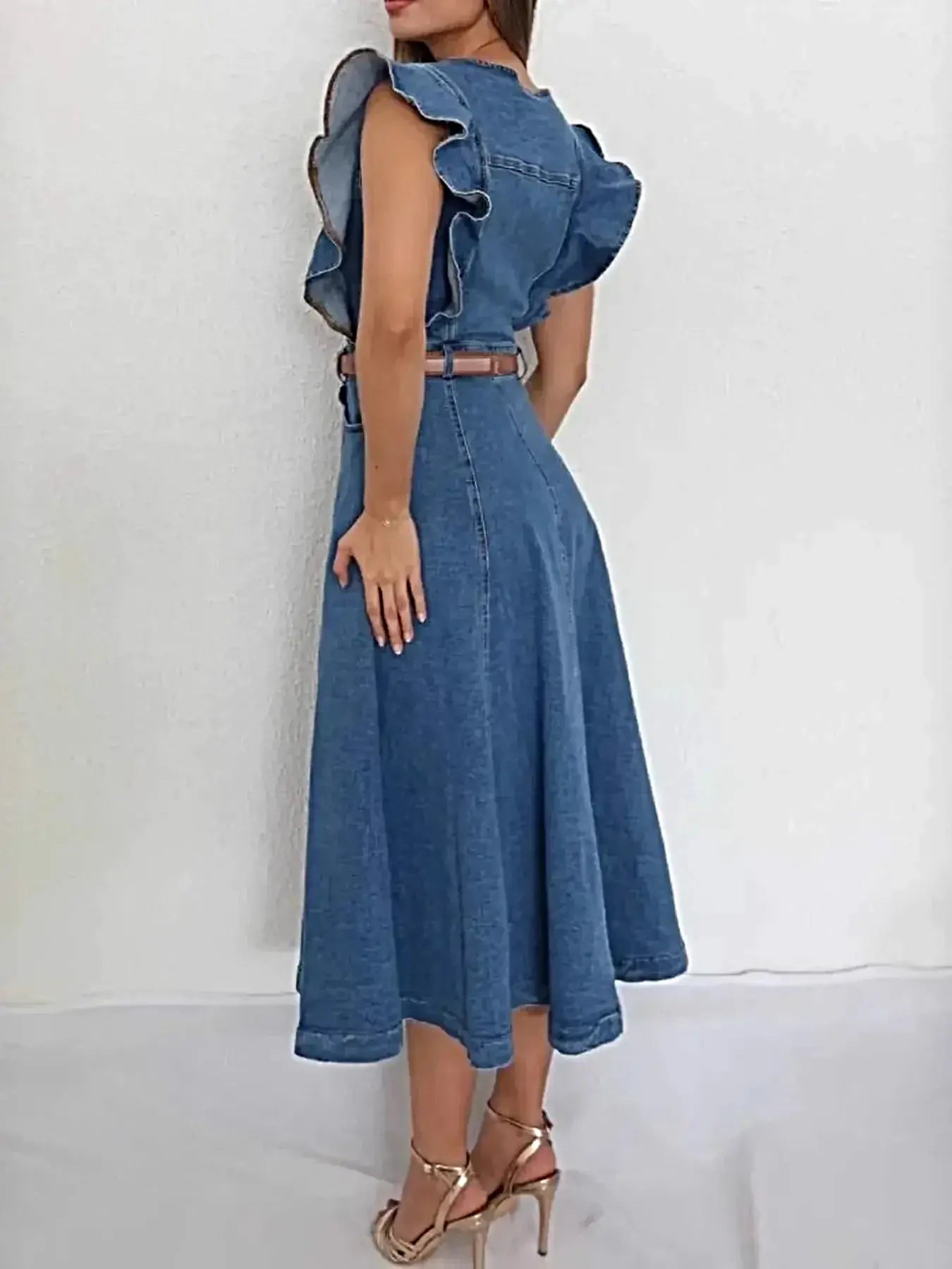 Button-Front Ruffle Sleeve Denim Midi Dress -