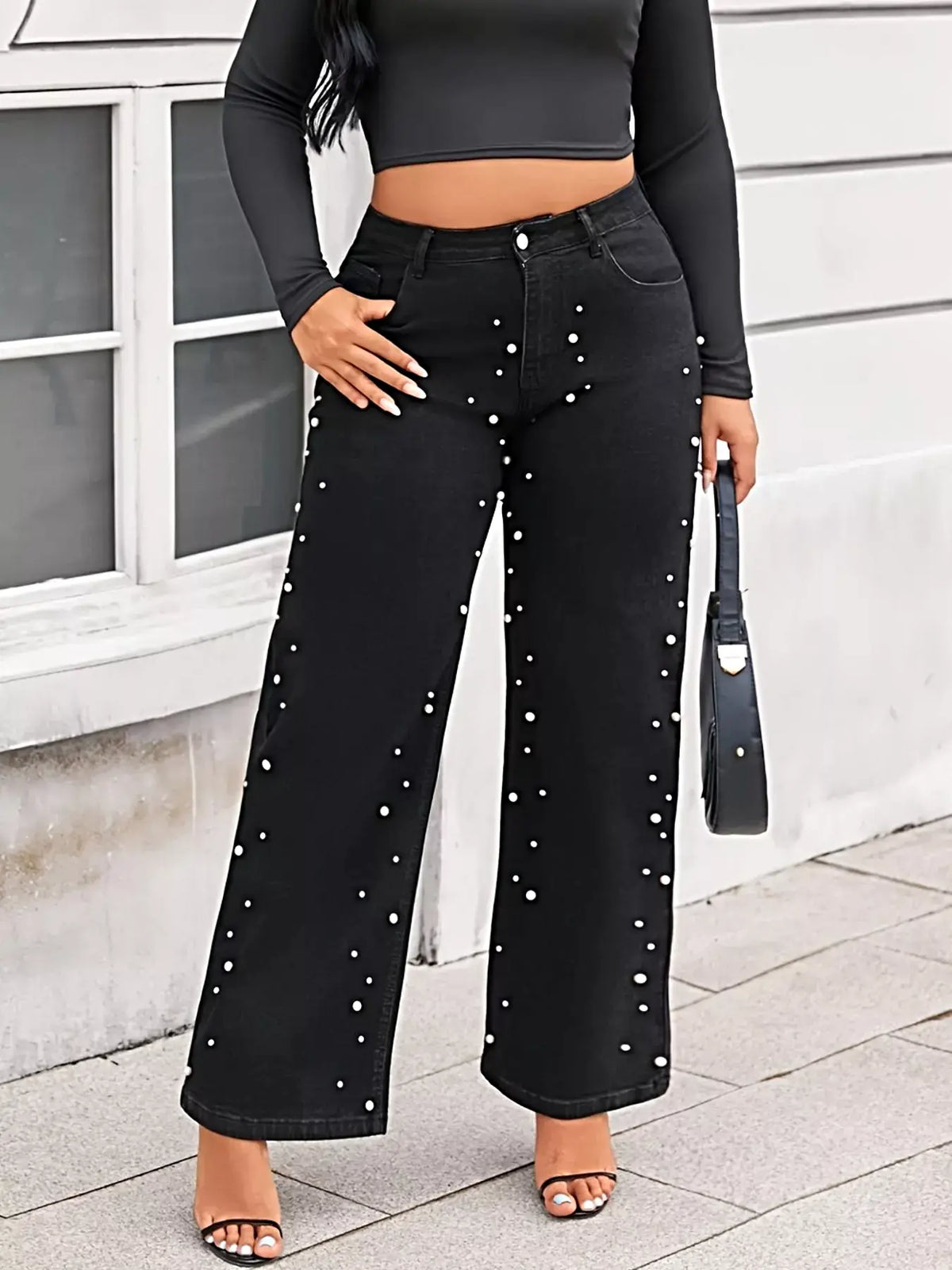 Plus Size Pearl Embellished Wide Leg Jeans -