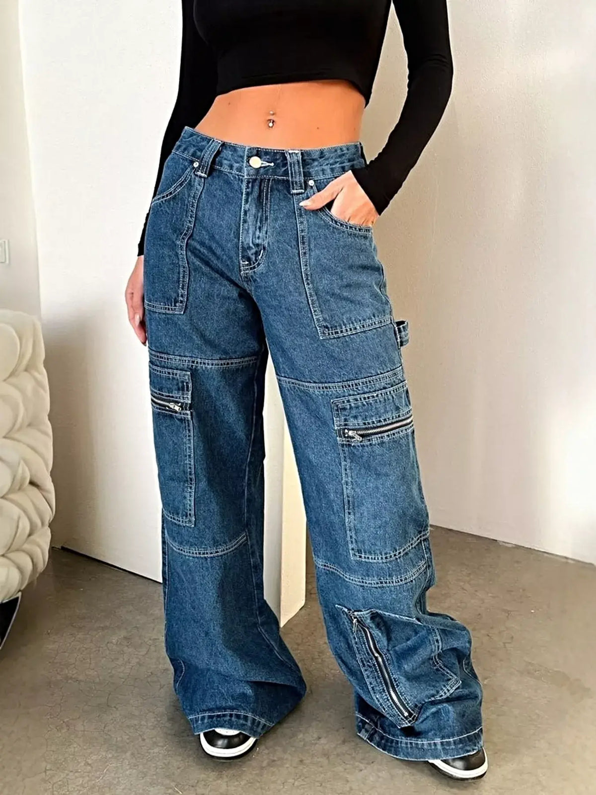 Zipper Pocket Wide Leg Cargo Jeans -