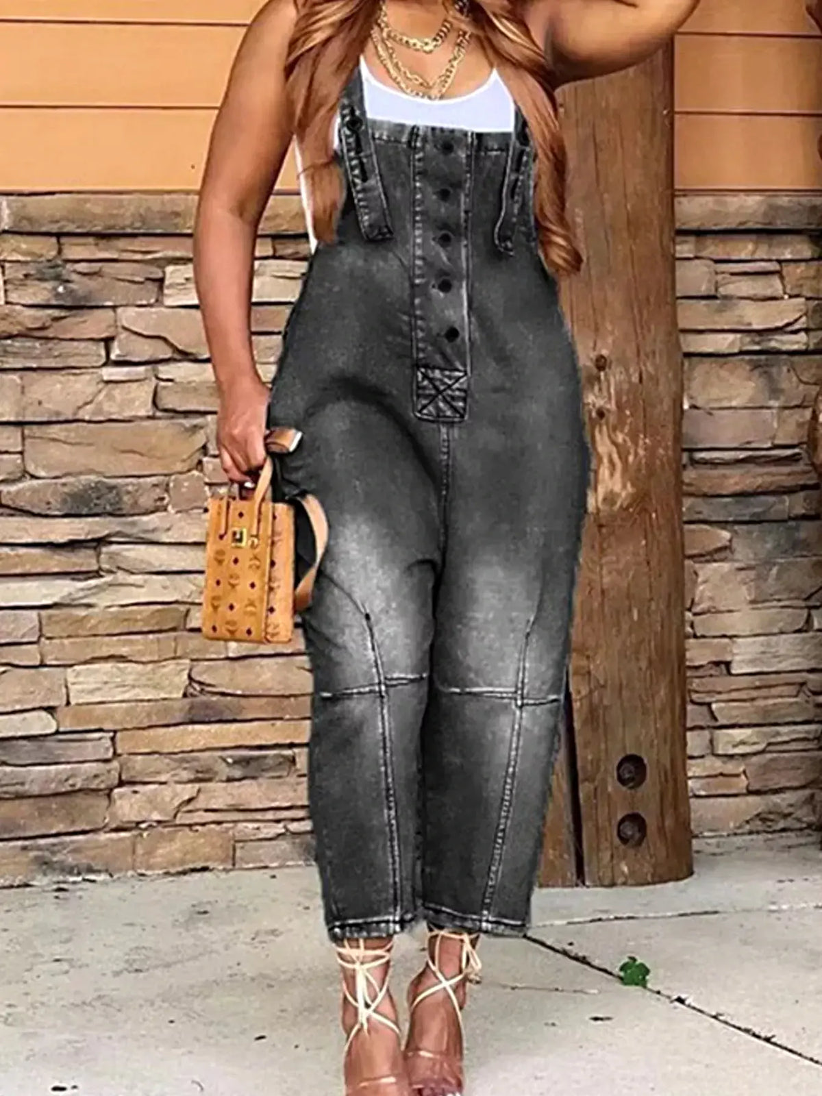 Full Size Button Front Denim Overalls with Pockets Plus Size -