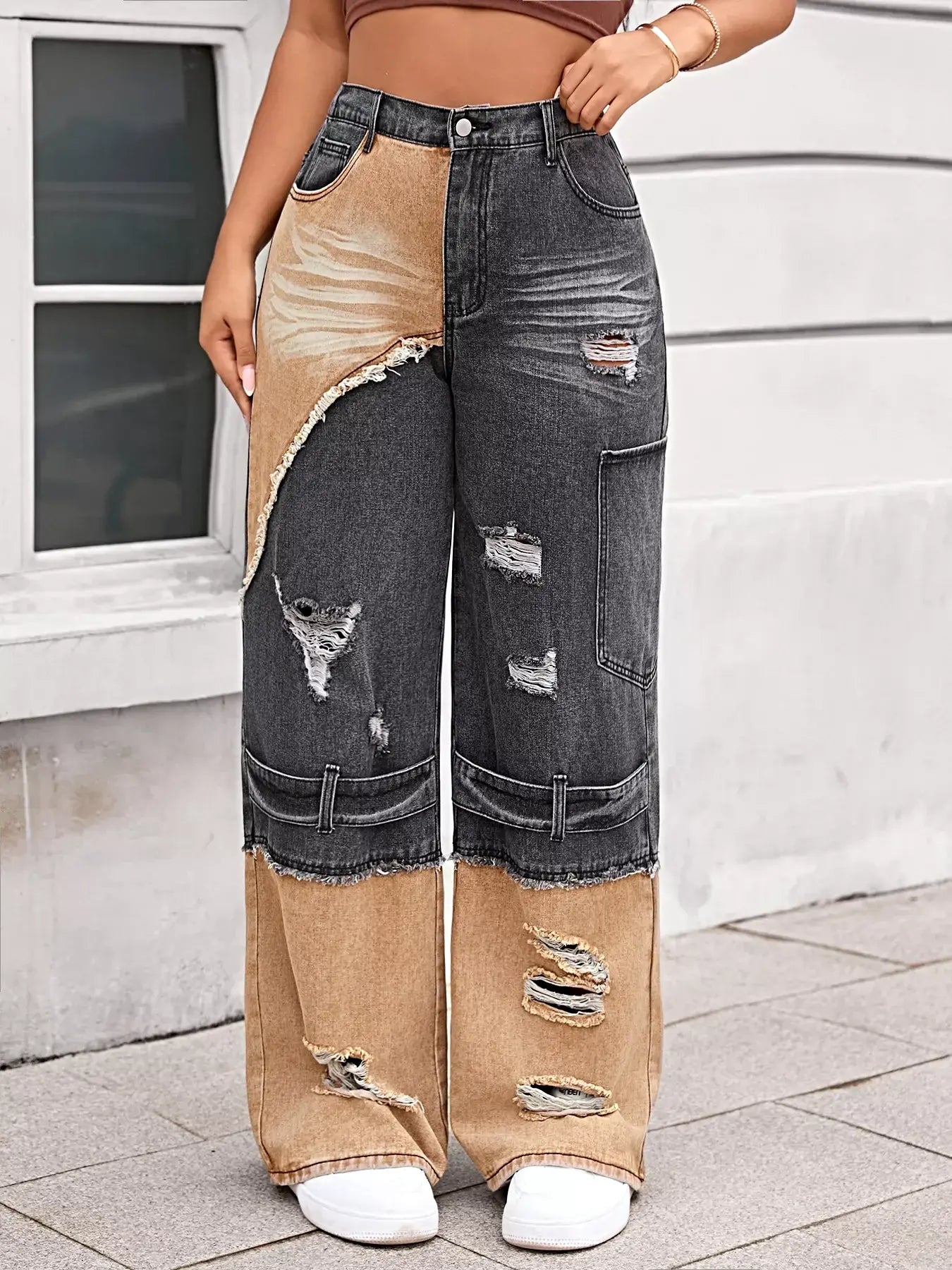 Two-Tone Ripped Wide Leg Jeans -