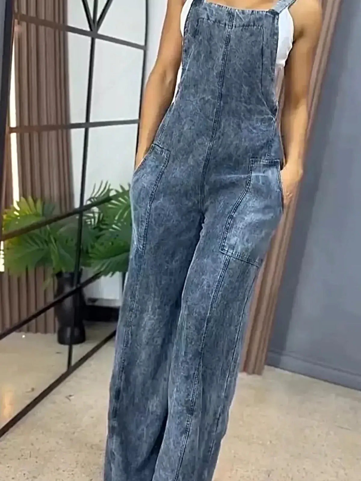 Full Size Vintage Wash Wide Leg Denim Overalls Plus Size -