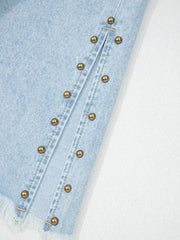 Studded Side Slit Leg Frayed Pocketed Wide Leg Jeans -