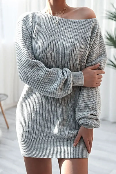 Boat Neck Long Sleeve Mini Sweater Dress -
