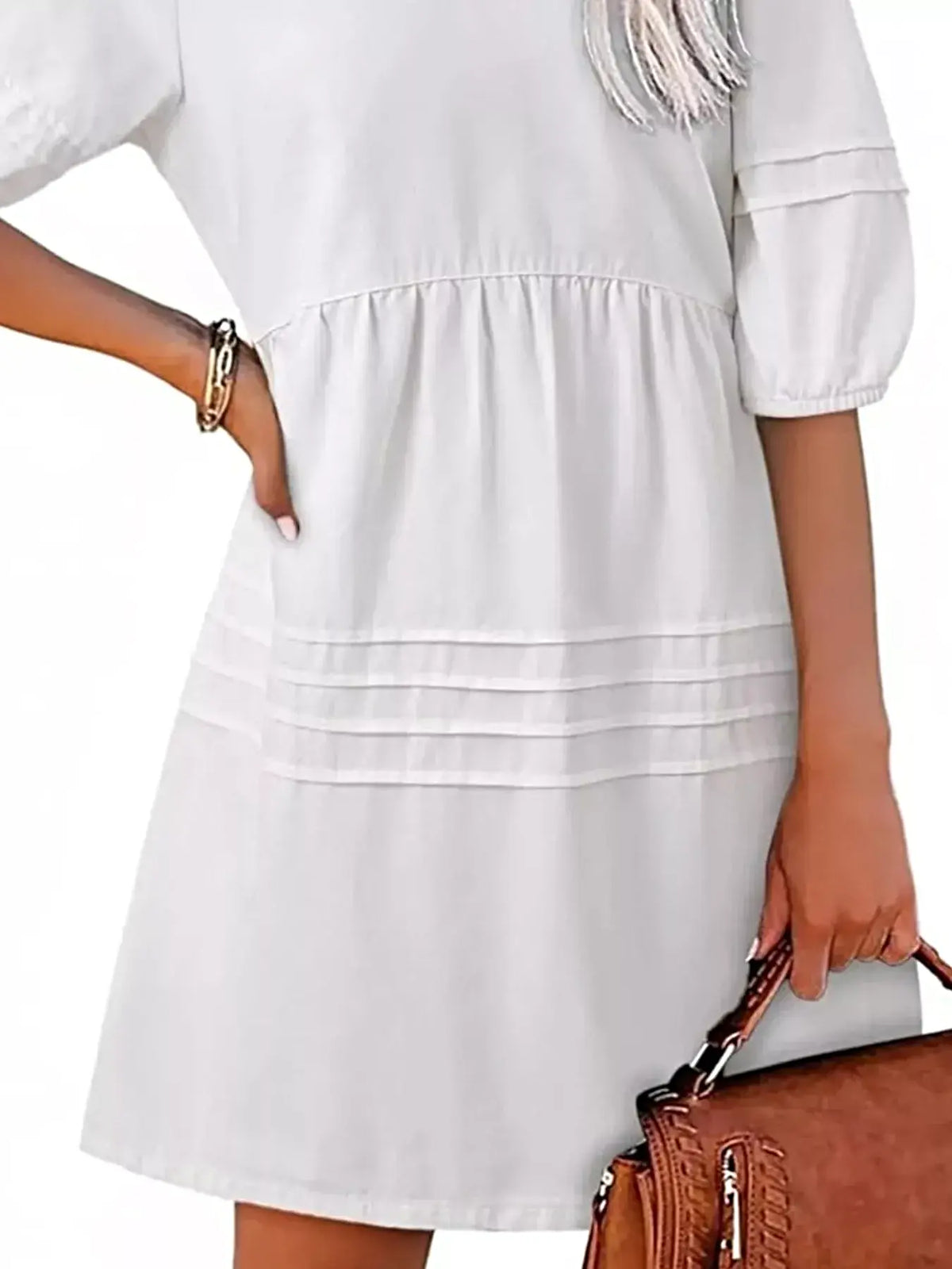Casual V-Neck Puff Sleeve Denim Mini Dress -