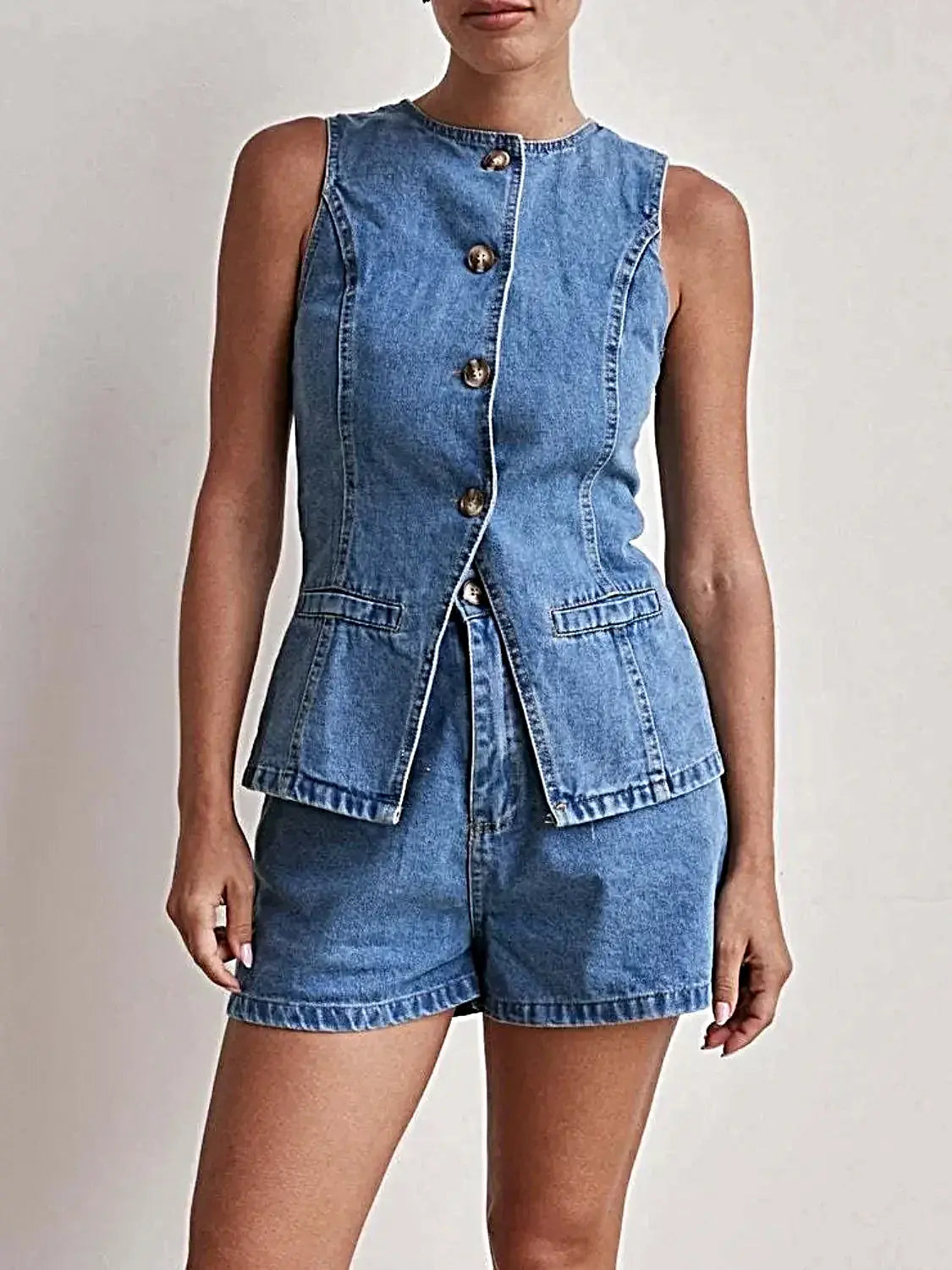 Button Down Vest and Shorts Denim Set -
