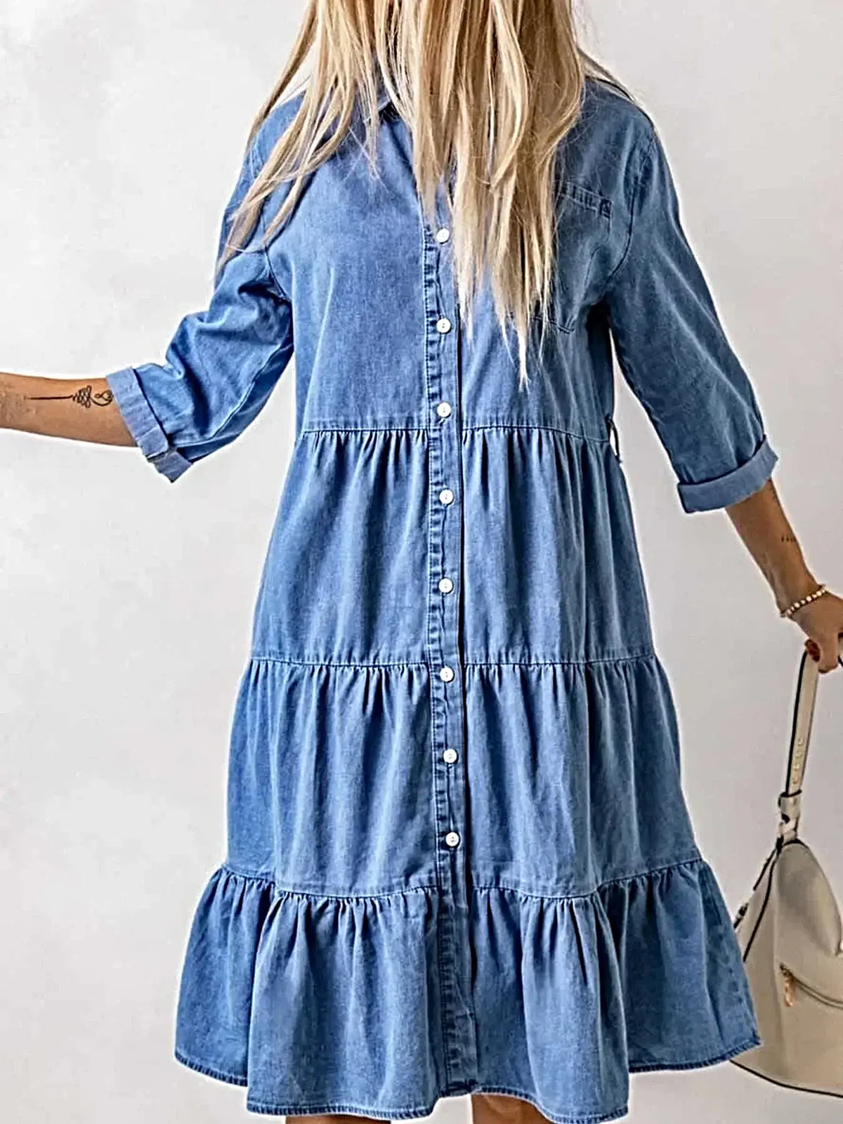 Full Size Ruffled Hem Button Up Denim Midi Dress Plus Size -