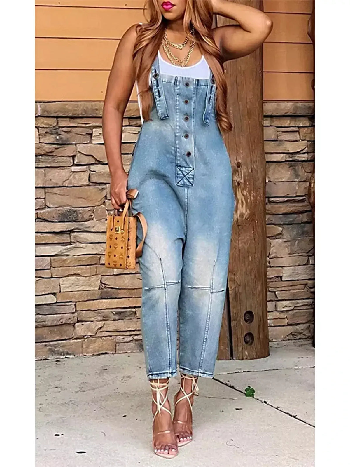 Full Size Button Front Denim Overalls with Pockets Plus Size -