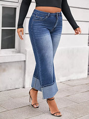 Plus Size High Waist Cuffed Wide Leg Jeans -