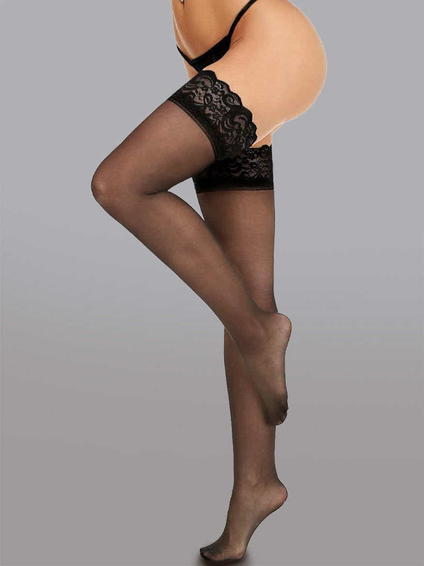 Elegant 15 Denier Thigh-High Lace Stockings with Floral Design and Silicone Anti-Slip Top, showcasing luxurious detail and comfort in high-quality modal fabric.