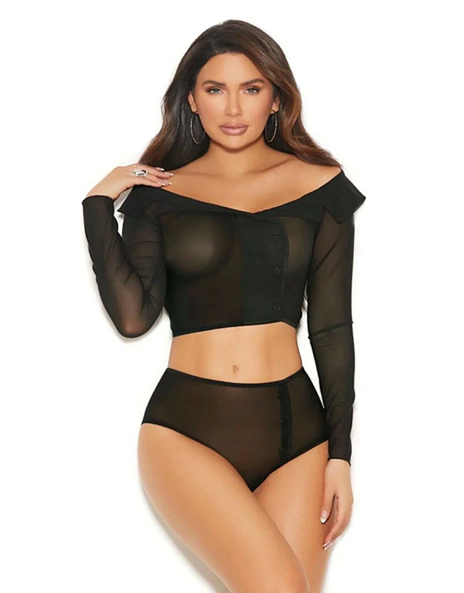 Elegant Moments 30026 2 PC Set Off shoulder long sleeve mesh top & panty - Camisole Sets