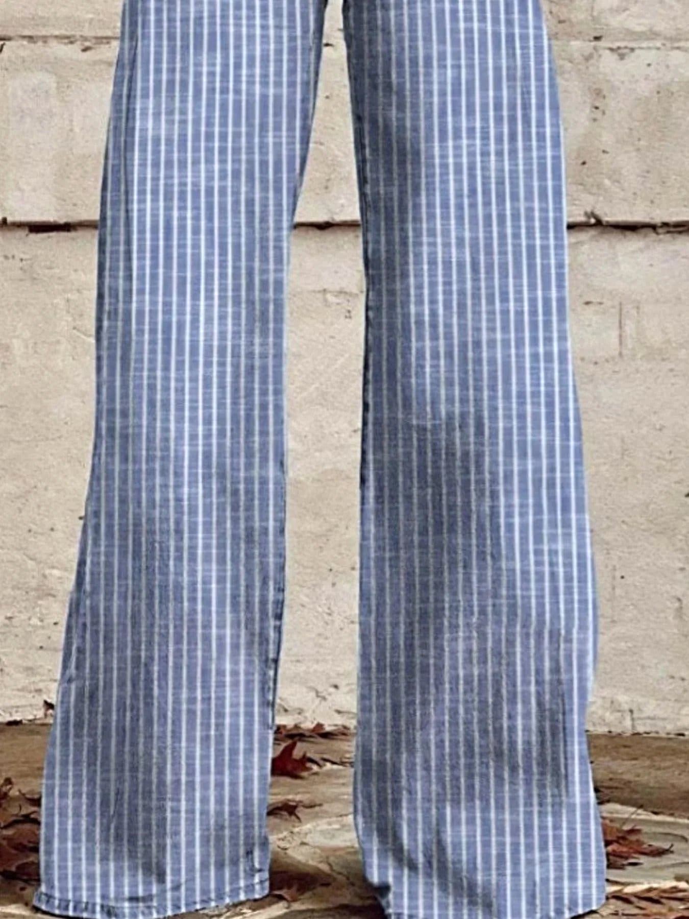 Striped High-Waisted Wide Leg Jeans -