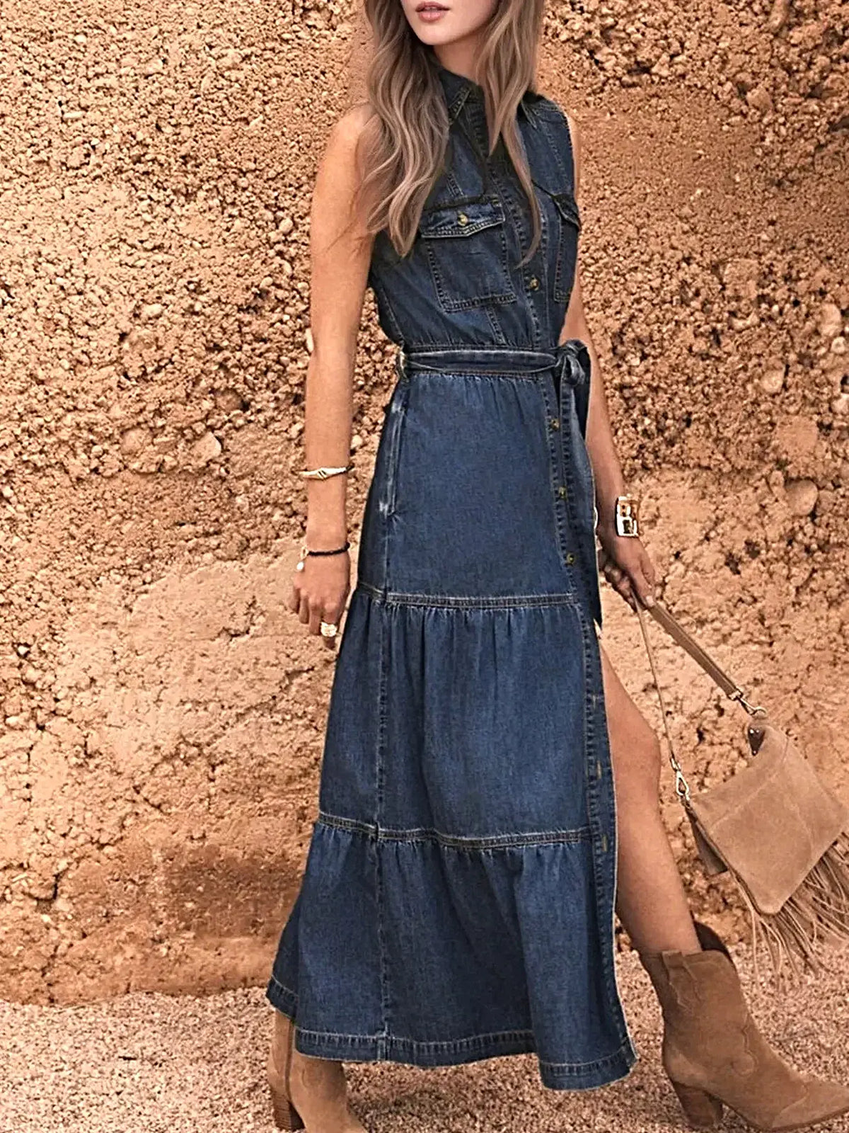 Button Front Sleeveless Denim Dress -