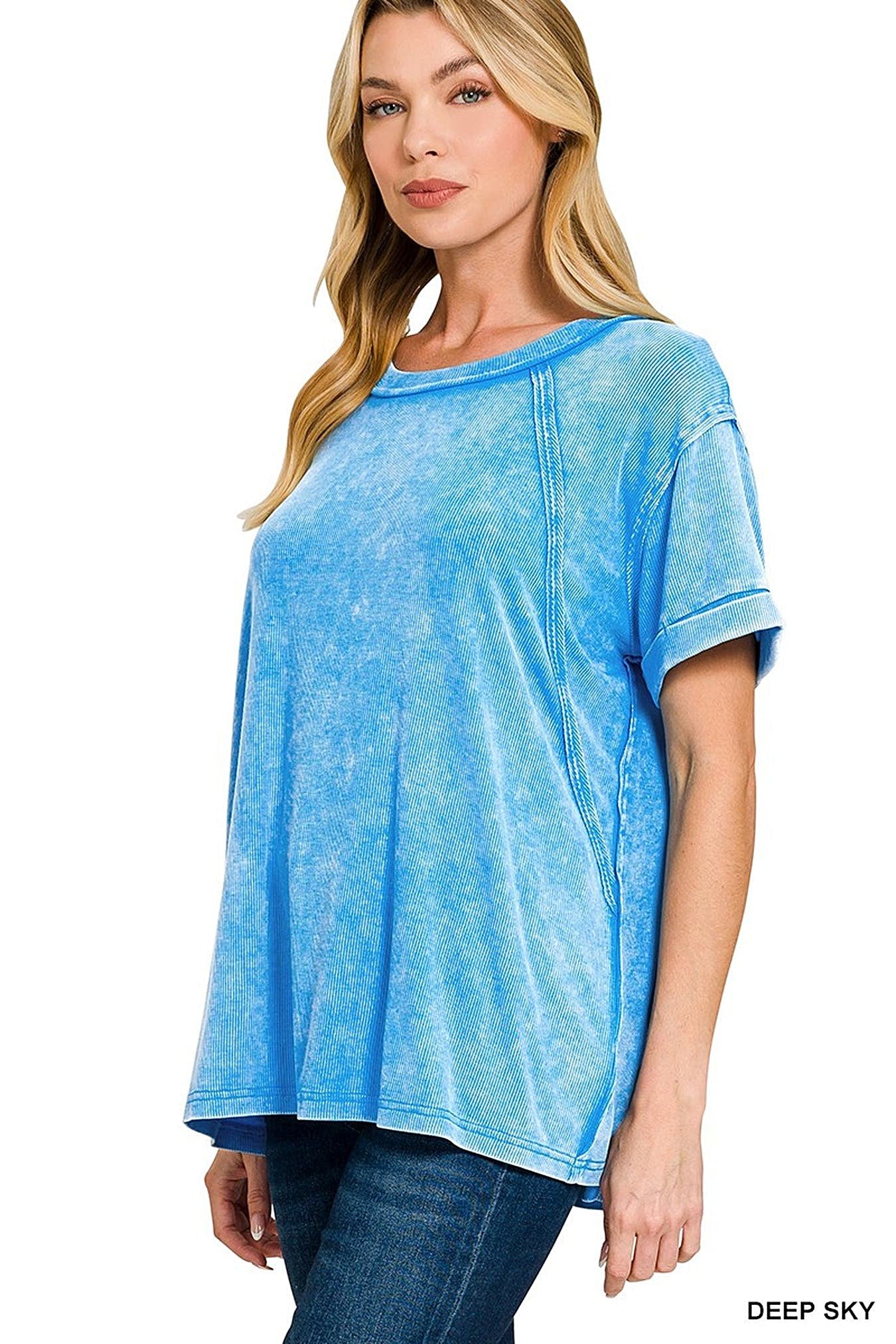 Zenana Washed Ribbed Cuffed Short Sleeve Round Neck Top -