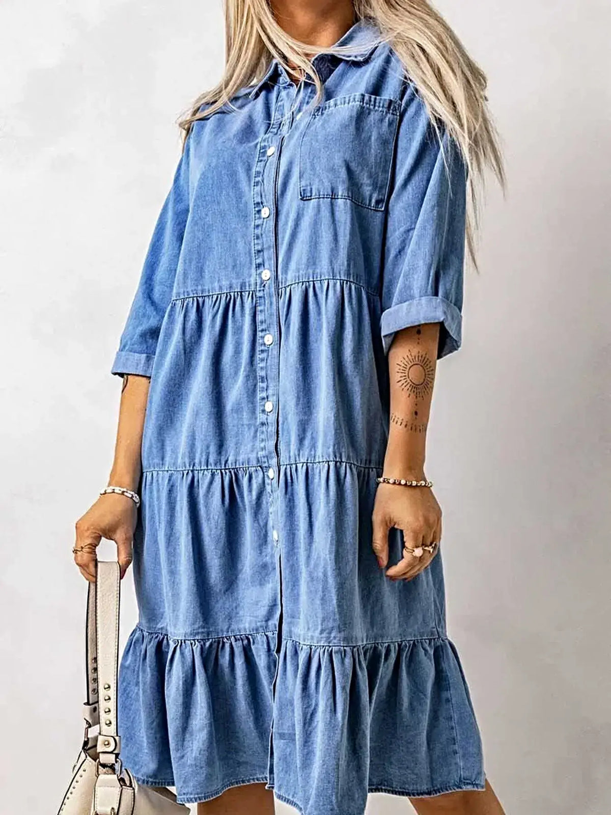 Full Size Ruffled Hem Button Up Denim Midi Dress Plus Size -