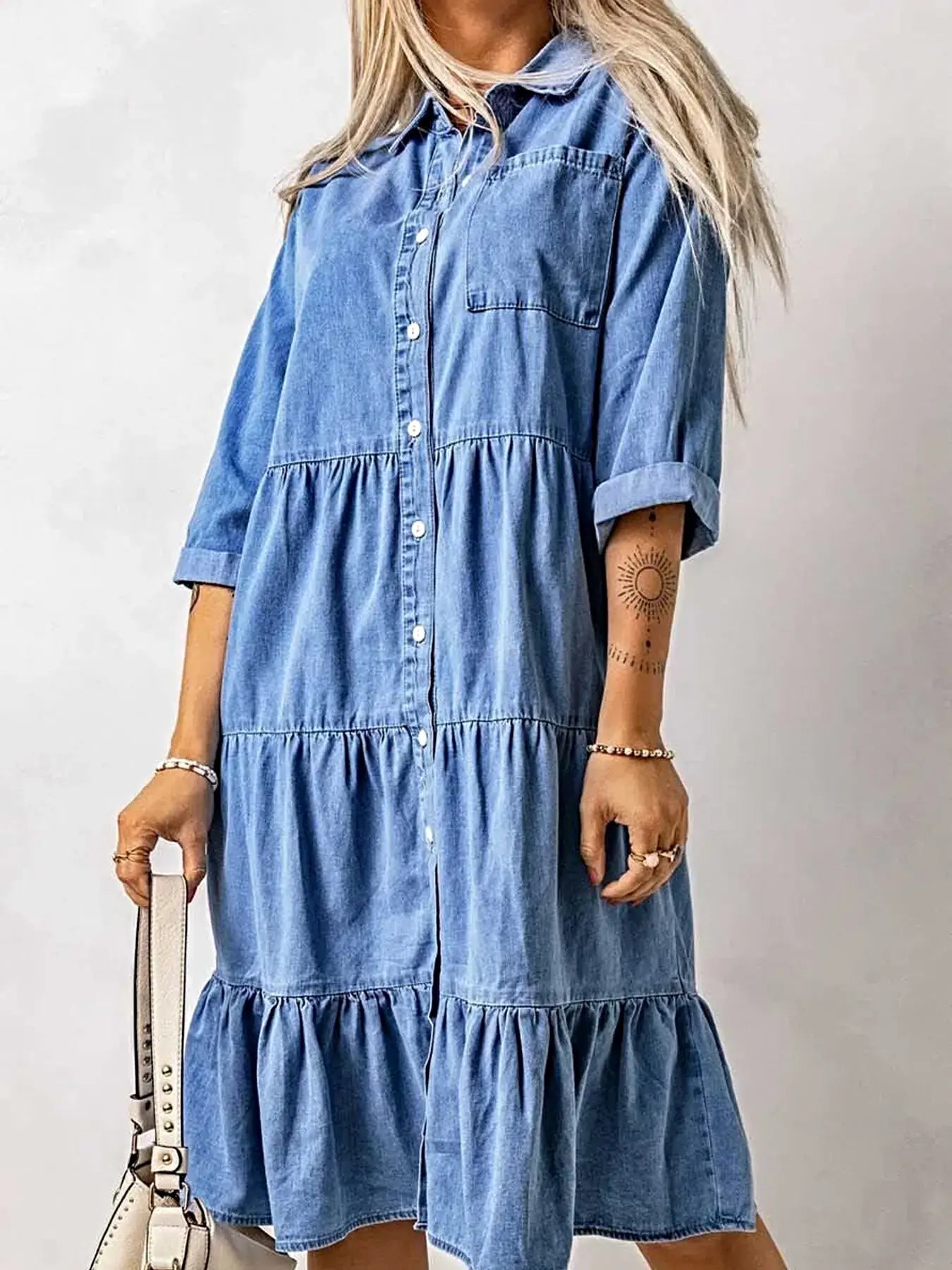 Full Size Ruffled Hem Button Up Denim Midi Dress Plus Size -