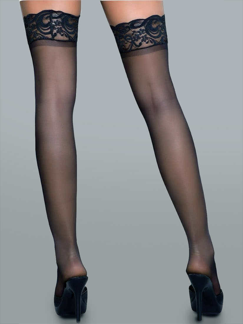 Close-up of Elegant 15 Denier Thigh-High Lace Stockings highlighting the exquisite floral design and silicone anti-slip top for a secure fit.