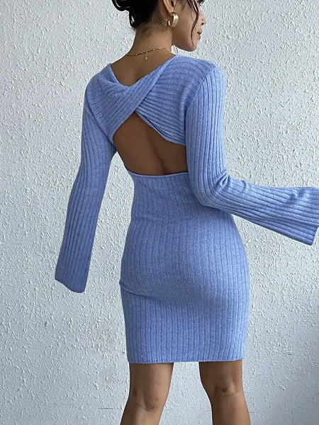 Backless Round Neck Long Sleeve Sweater Dress -