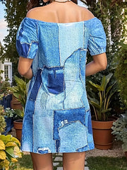 Elegant Off Shoulder Denim Dress - Patchwork Design, Classic Mini Style, 100% Polyester -