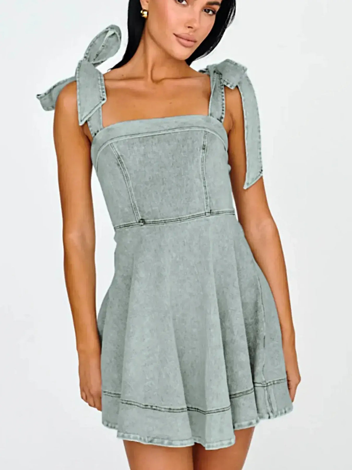 Bow-Shoulder Square Neck Denim Mini Dress -