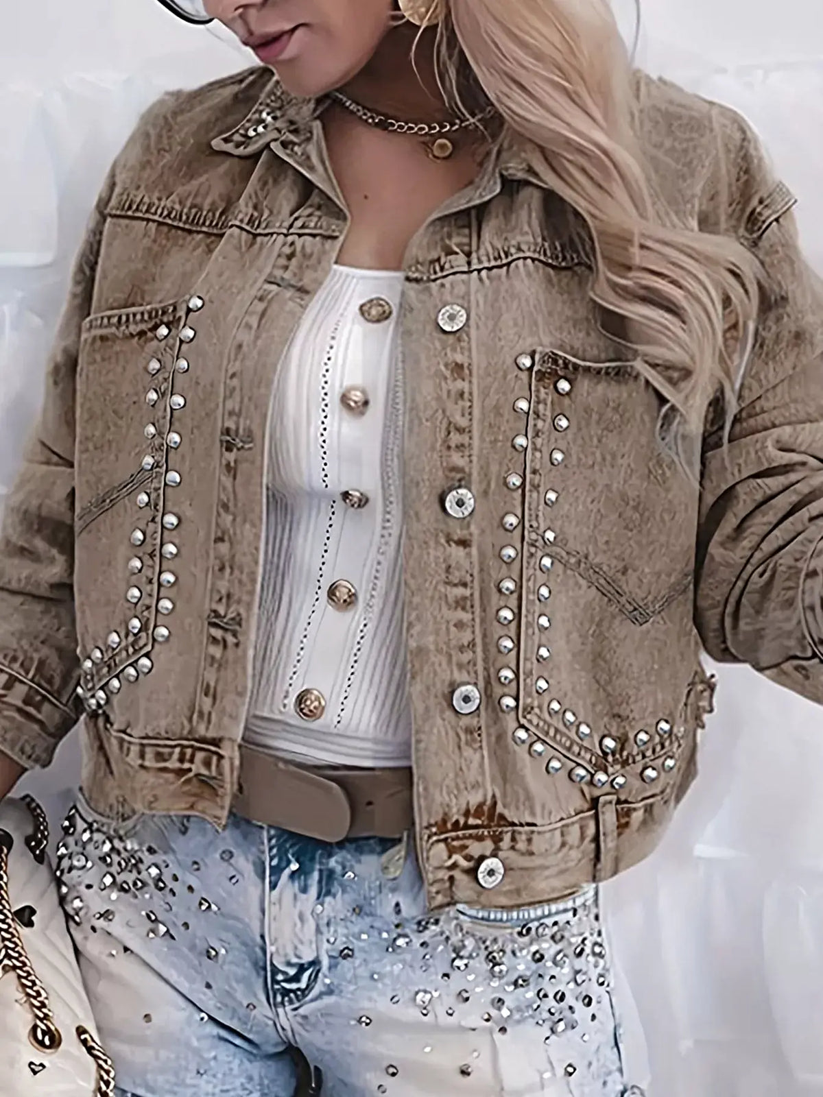 Studded Button Up Wash Denim Jacket -